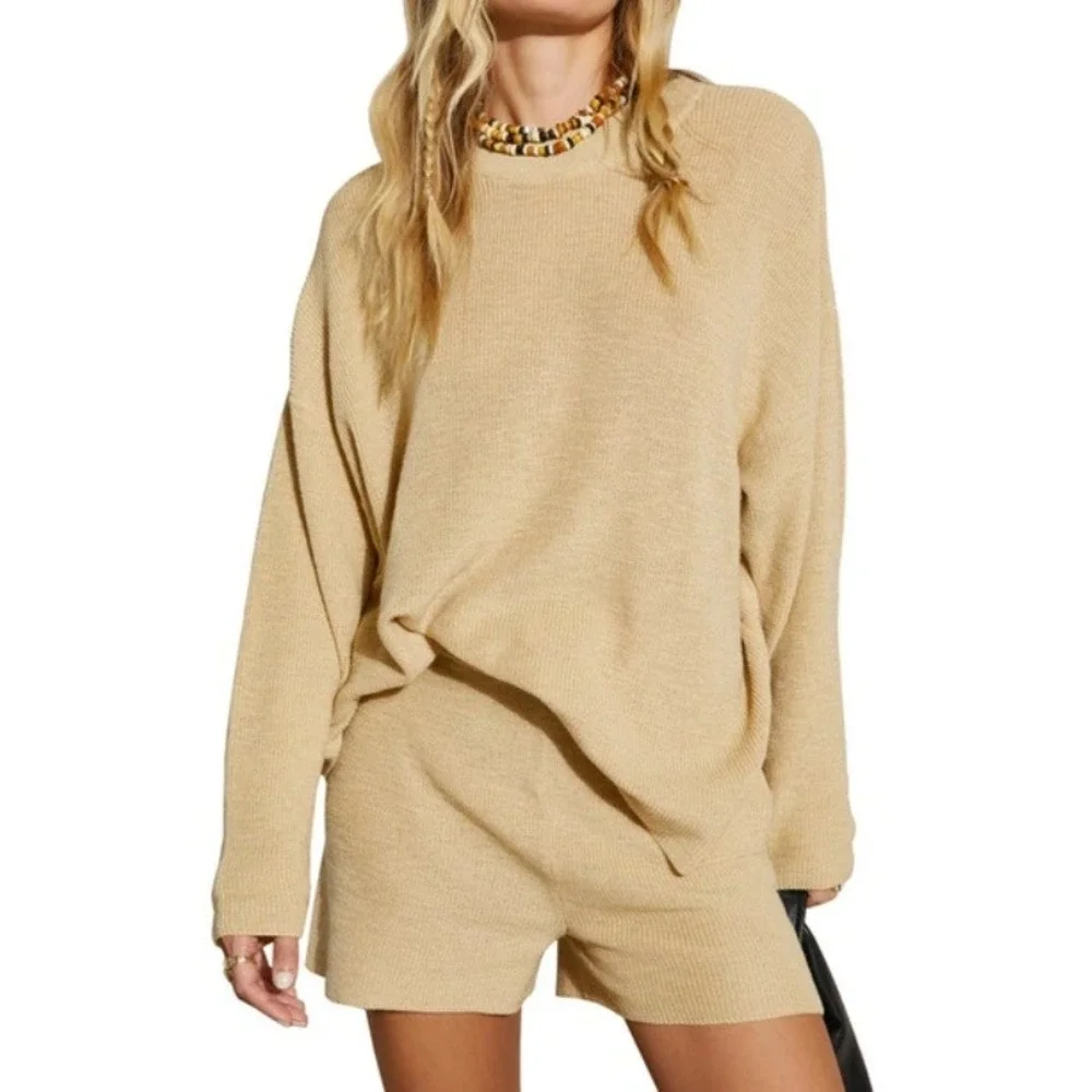 Free People FP Beach Malibu Sweater & Shorts Set In Winter Wheat Tan Size Small